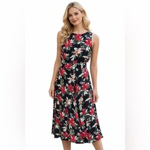 Vintage E.D. Michaels Floral Midi Dress Black Red Lily Print Fit & Flare 90s